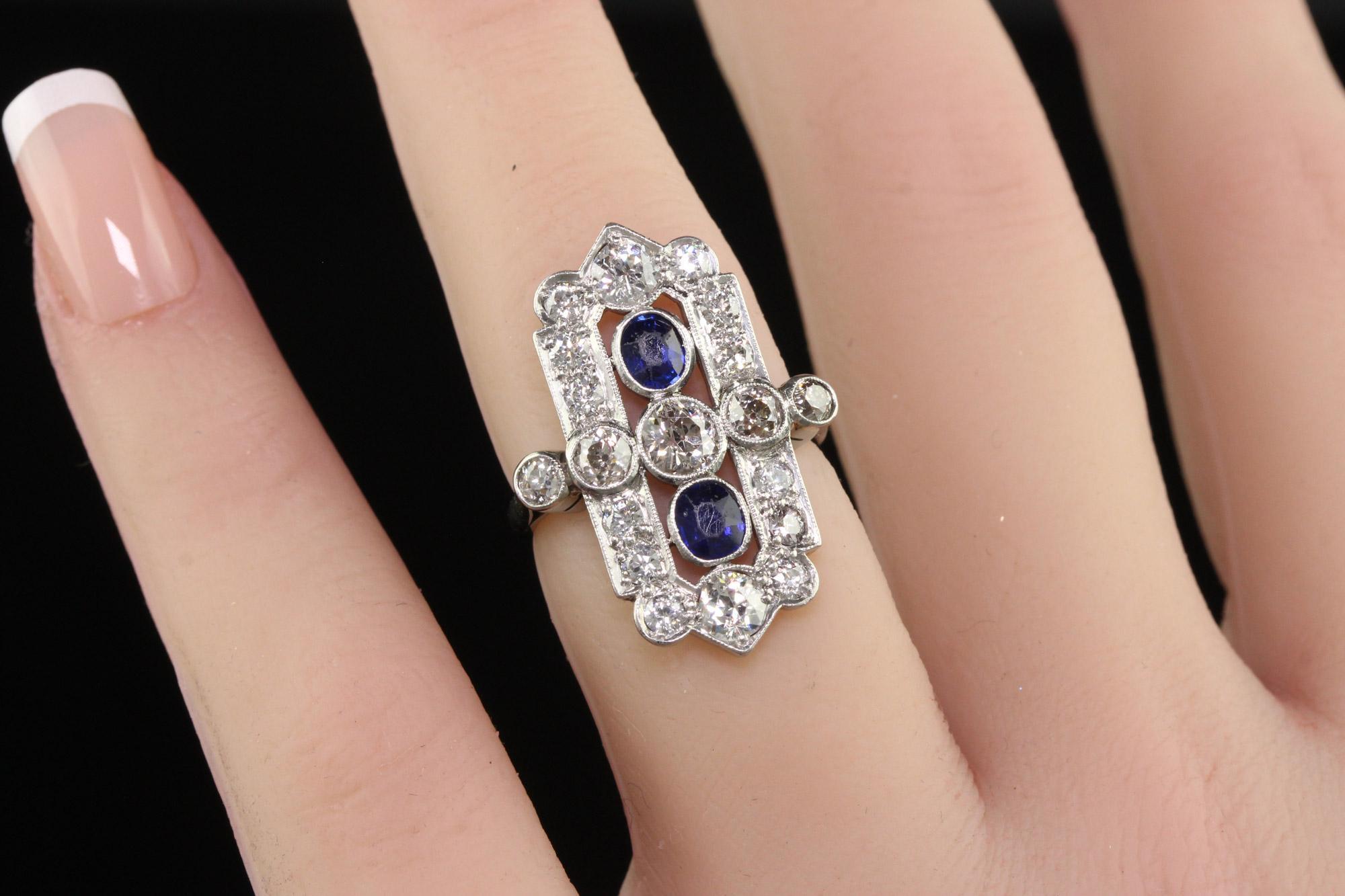 Antique Art Deco 18K White Gold Platinum Old Euro Diamond Sapphire Shield Ring For Sale 4