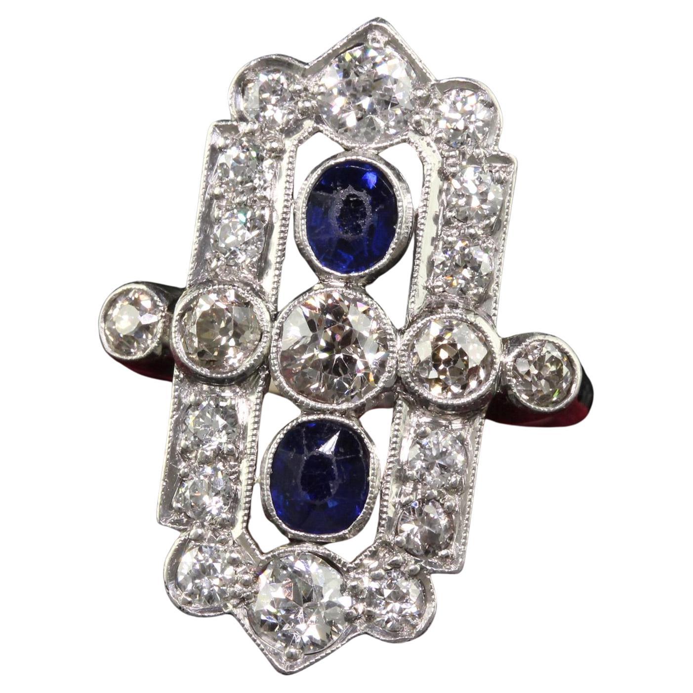 Antiker Art Deco 18K Weißgold Platin Alteuropäischer Diamant Saphir Schild Ring
