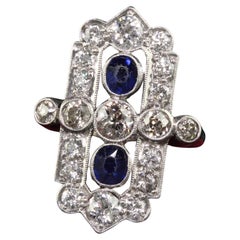 Antique Art Deco 18K White Gold Platinum Old Euro Diamond Sapphire Shield Ring