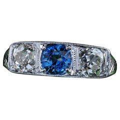 Antique Art Deco 18K White Gold Platinum Old Mine Diamond Three Stone Ring - GIA