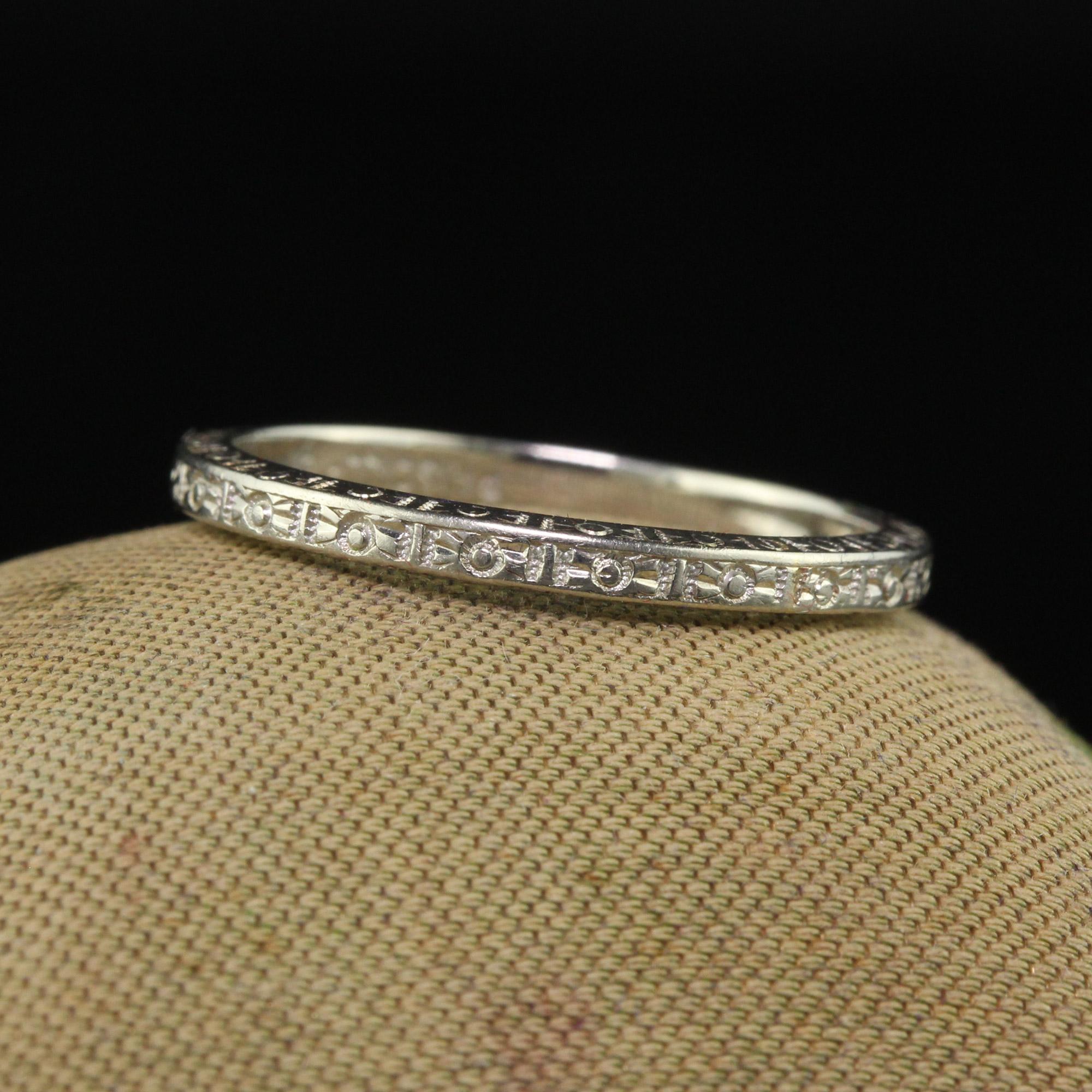 Beautiful Antique Art Deco 18K White Gold Priscilla Engraved Wedding Band - Size 6 3/4. This gorgeous wedding band is crafted in 18k white gold. The band is beautifully engraved around the entire ring and even the sides. The ring is in good
