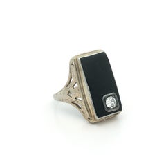Antique Art Deco 18k White Gold Rectangular Onyx w/ Inset Diamond Ring Size 5.5