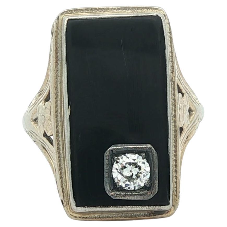 Antique Art Deco 18k White Gold Rectangular Onyx w/ Inset Diamond Ring Size 5.5