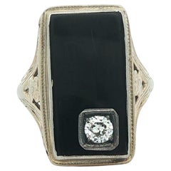 Antique Art Deco 18k White Gold Rectangular Onyx w/ Inset Diamond Ring Size 5.5
