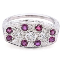 Antique Art Deco 18K White Gold Red Spinel & Old Euro Cut Diamond Ring
