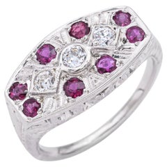 Antique Art Deco 18K White Gold Red Spinel & Old Euro Cut Diamond Ring