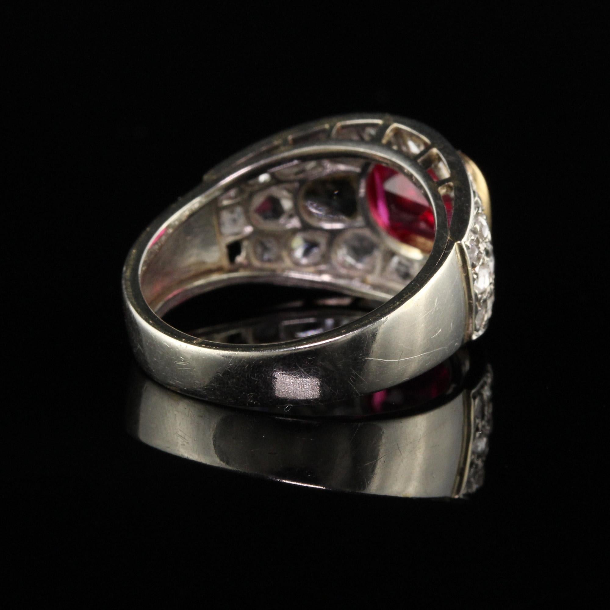 Antique Art Deco 18 Karat White Gold Rose Cut Diamond and Ruby Ring In Good Condition In Great Neck, NY