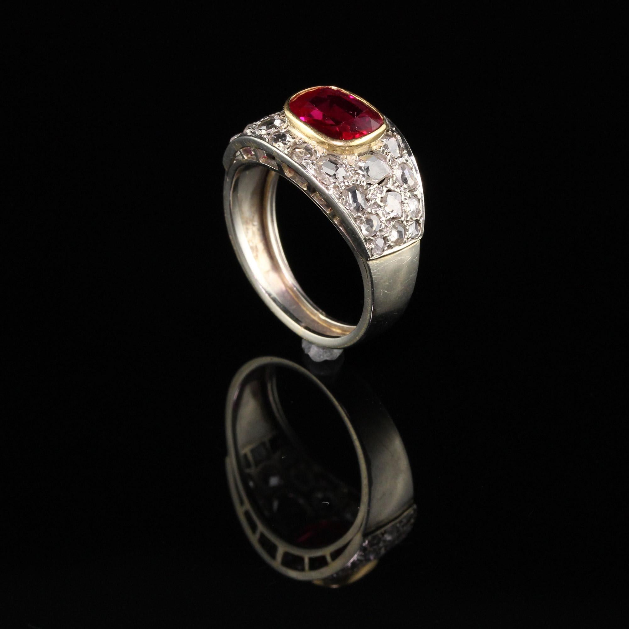 Women's Antique Art Deco 18 Karat White Gold Rose Cut Diamond and Ruby Ring