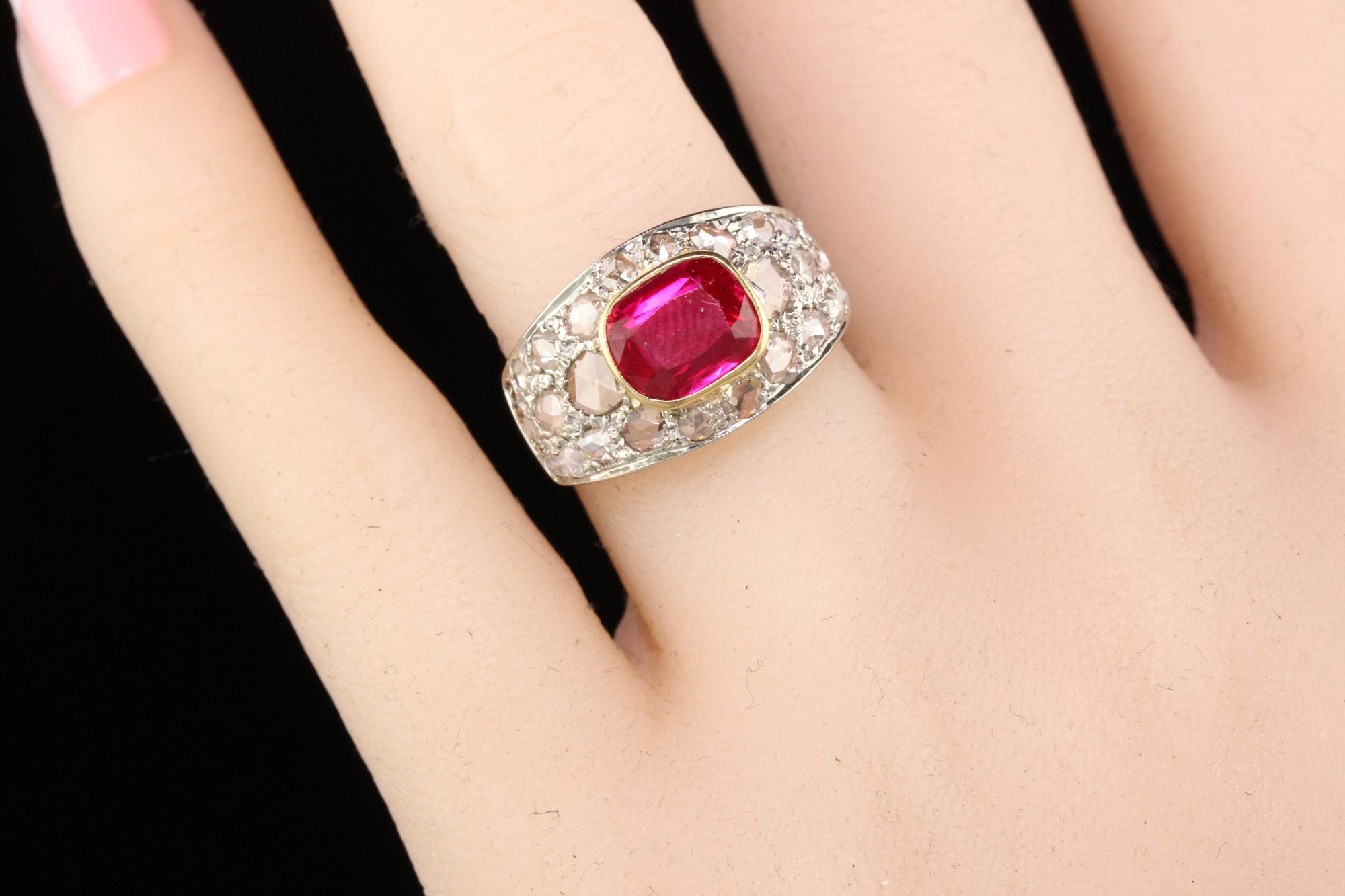 Antique Art Deco 18 Karat White Gold Rose Cut Diamond and Ruby Ring 1