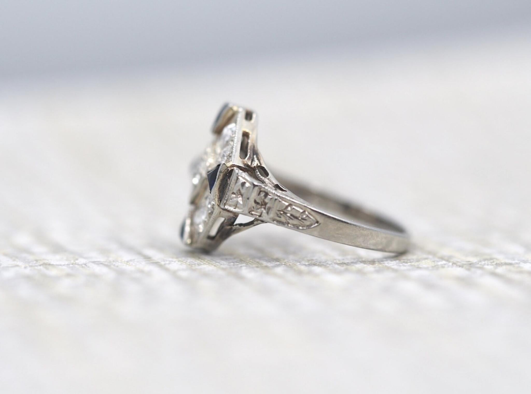 Brilliant Cut Antique Art Deco 18K White Gold Sapphire & Diamond Engagement Ring VEG #60 For Sale