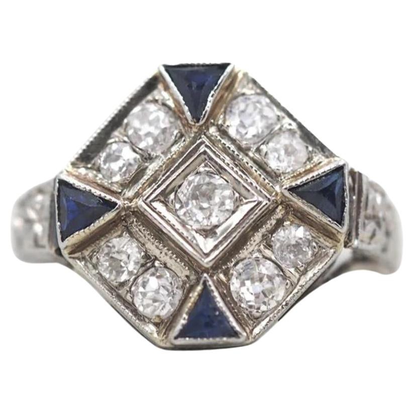 Antique Art Deco 18K White Gold Sapphire & Diamond Engagement Ring VEG #60 For Sale