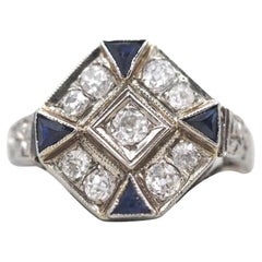 Bague de fiançailles Art déco ancienne en or blanc 18 carats, saphir et diamants VEG n° 60
