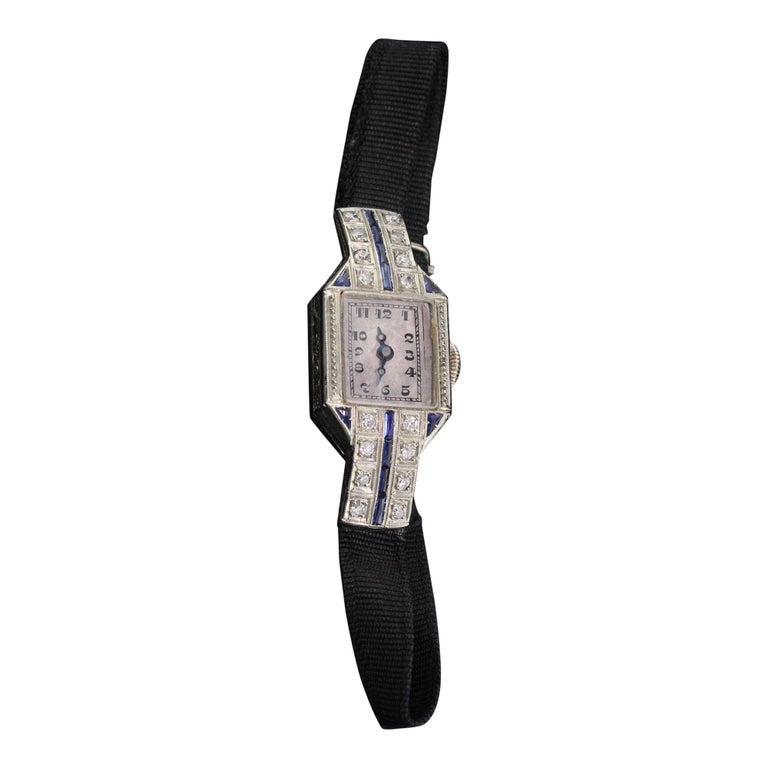 RESERVED Antique Art Deco 18 Karat White Gold Sapphire and Diamond Evening Watch For Sale