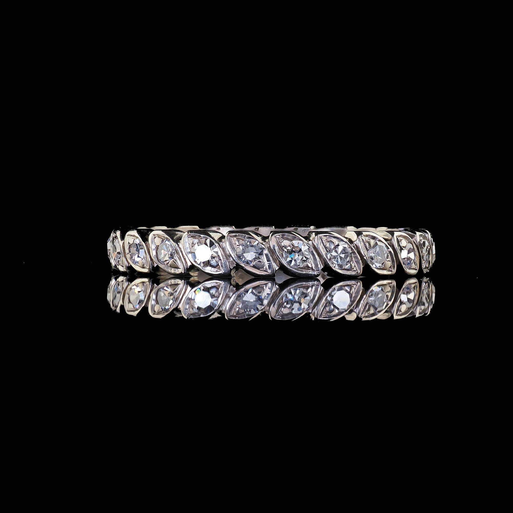 Antique Art Deco 18K White Gold Single Cut Diamond Design Eternity Band For Sale 1