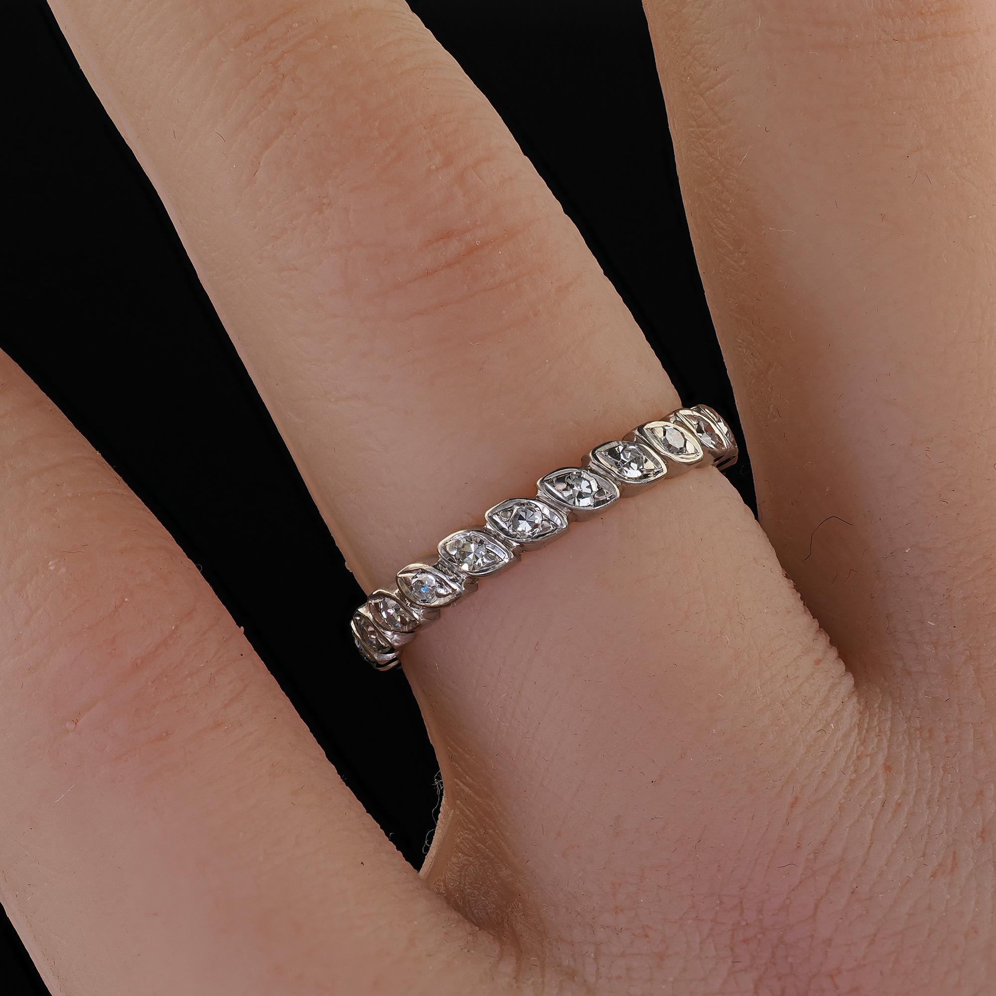 Antique Art Deco 18K White Gold Single Cut Diamond Design Eternity Band For Sale 3