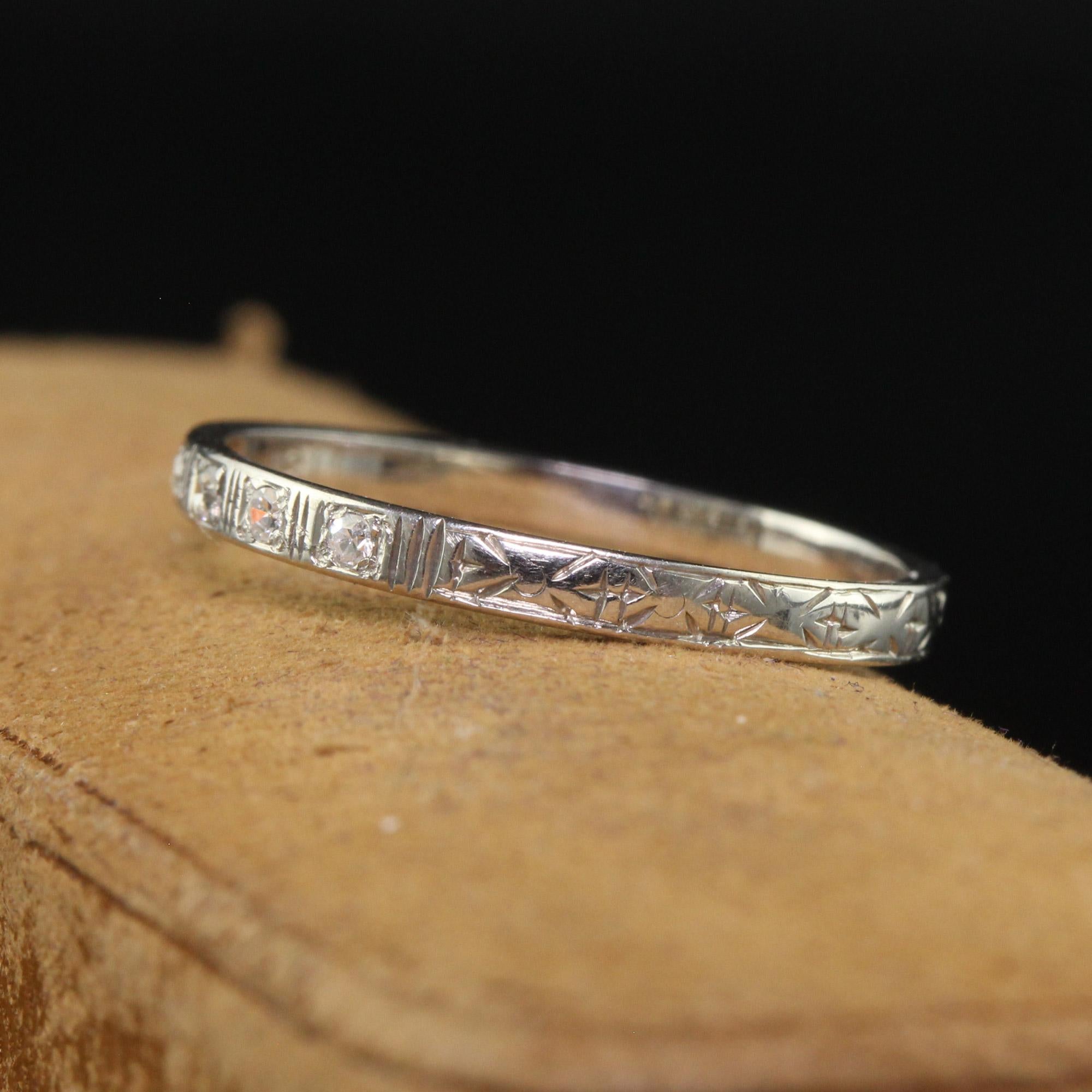 Women's Antique Art Deco 18K White Gold Single Cut Diamond Engraved Band - Size 5 1/2 For Sale