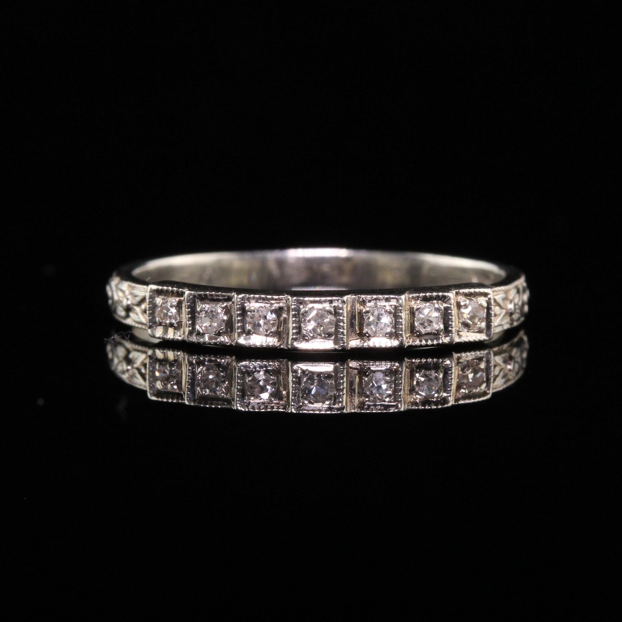 Women's Antique Art Deco 18k White Gold Single Cut Diamond Engraved Wedding Band For Sale