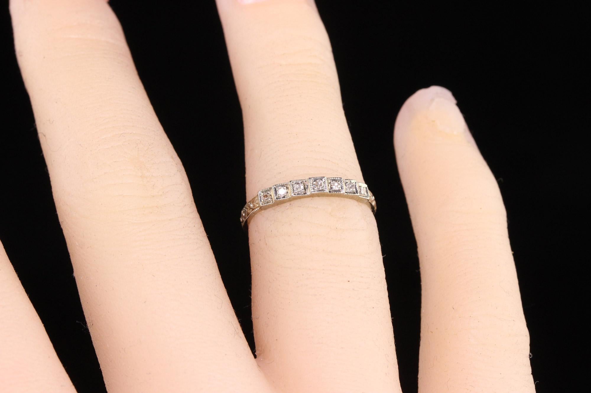 Antique Art Deco 18k White Gold Single Cut Diamond Engraved Wedding Band For Sale 3