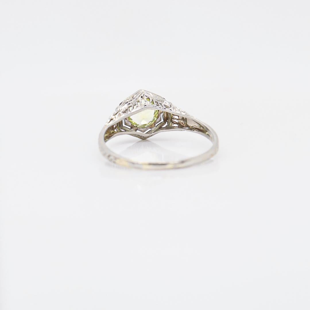 Antique Art Deco 18K White Gold & Synthetic Green-Yellow Sapphire Ring For Sale 5
