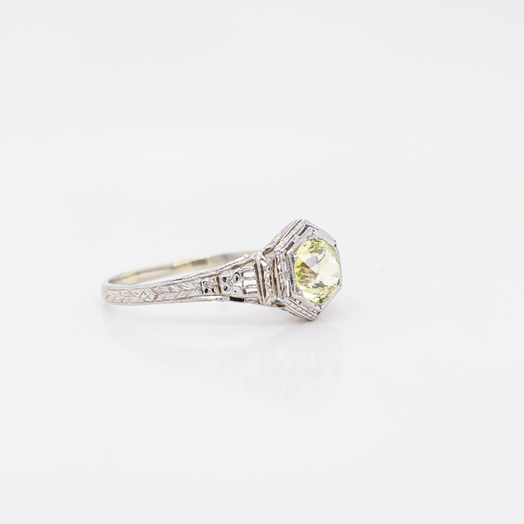 Antique Art Deco 18K White Gold & Synthetic Green-Yellow Sapphire Ring For Sale 8