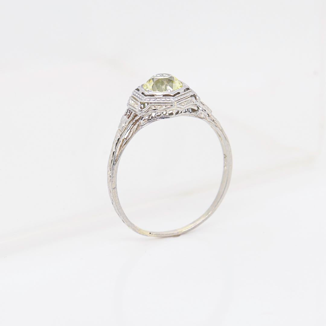 Antique Art Deco 18K White Gold & Synthetic Green-Yellow Sapphire Ring For Sale 10