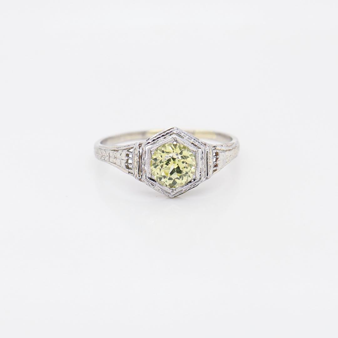 Brilliant Cut Antique Art Deco 18K White Gold & Synthetic Green-Yellow Sapphire Ring For Sale