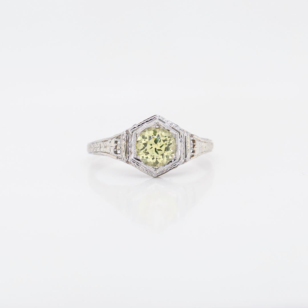 Antique Art Deco 18K White Gold & Synthetic Green-Yellow Sapphire Ring In Good Condition For Sale In Philadelphia, PA