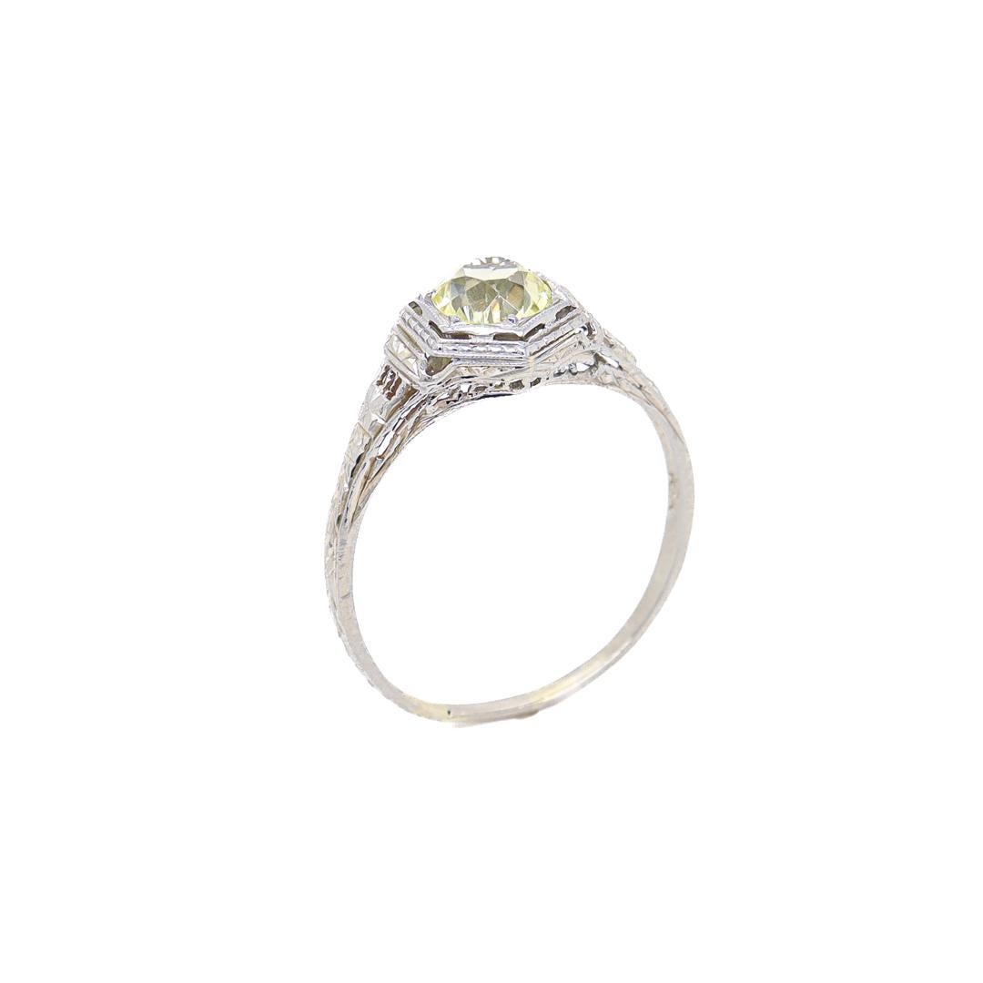 Women's Antique Art Deco 18K White Gold & Synthetic Green-Yellow Sapphire Ring For Sale