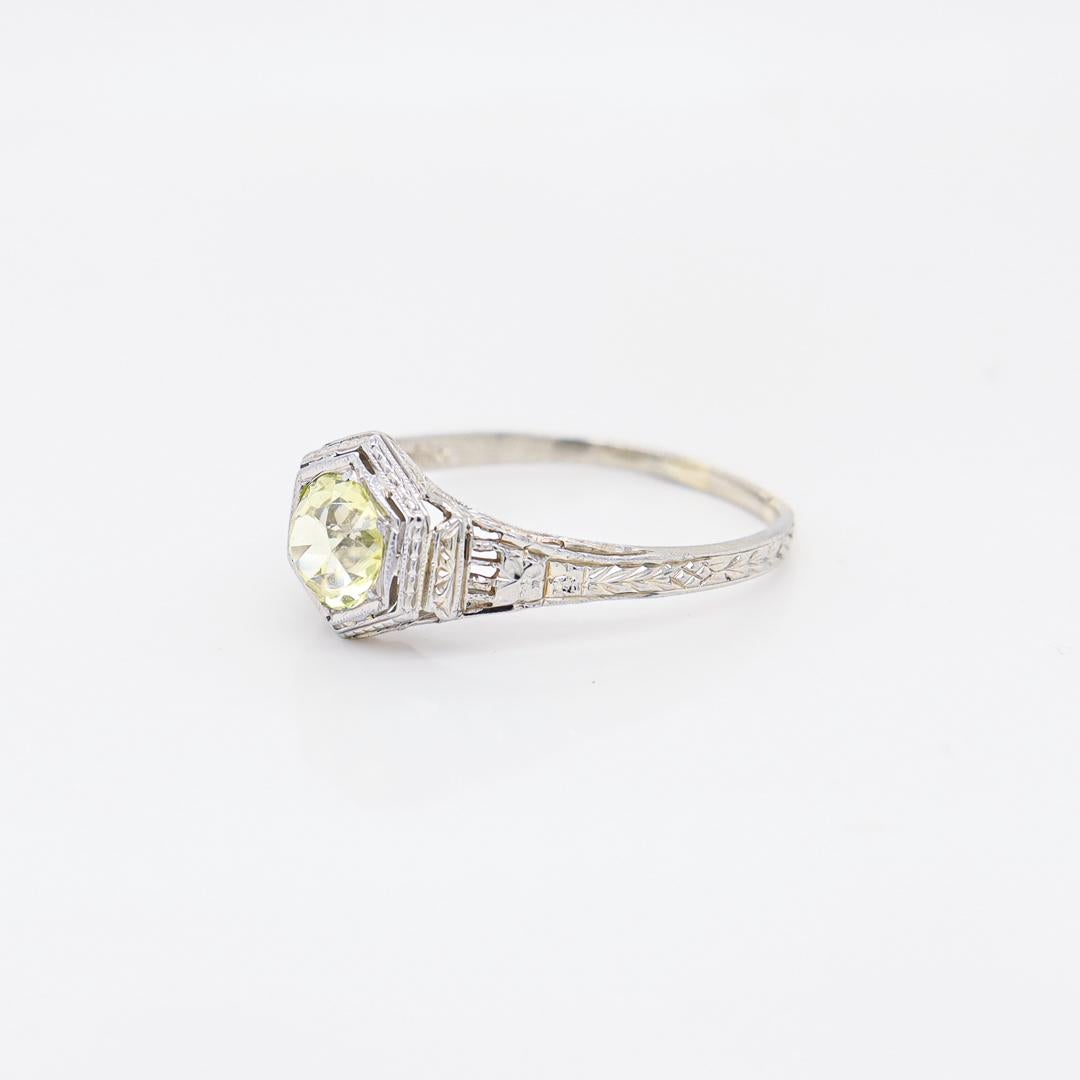 Antique Art Deco 18K White Gold & Synthetic Green-Yellow Sapphire Ring For Sale 2