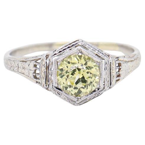 Antique Art Deco 18K White Gold & Synthetic Green-Yellow Sapphire Ring For Sale