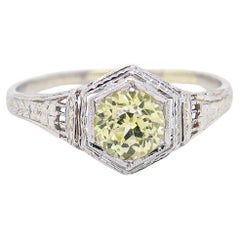 Antique Art Deco 18K White Gold & Synthetic Green-Yellow Sapphire Ring