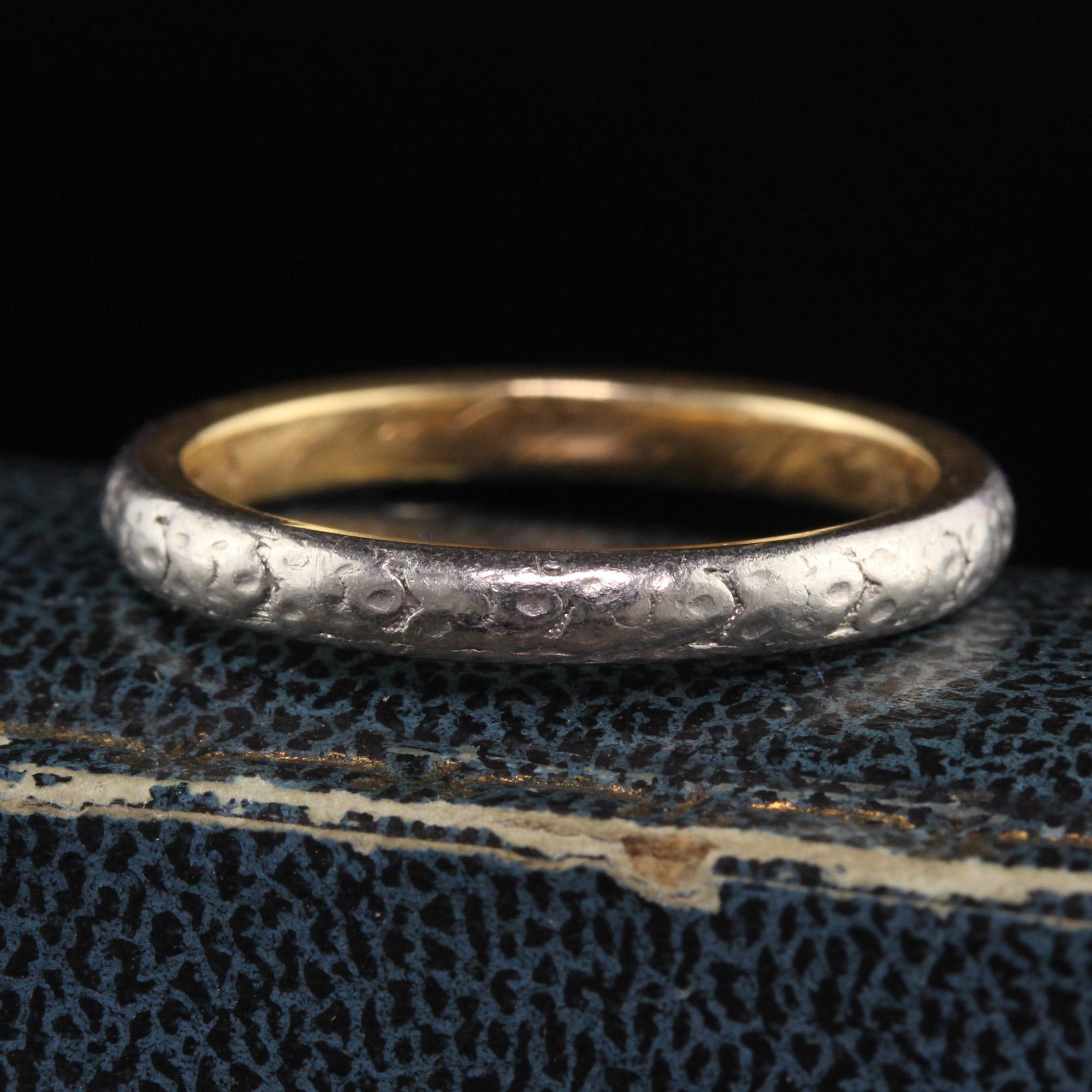 Beautiful Antique Art Deco 18K Yellow Gold and Platinum Engraved Wedding Band. This beautiful wedding band is crafted in 18k yellow gold and platinum. The band is engraved around the entire ring and has engravings inside the band that is worn and we