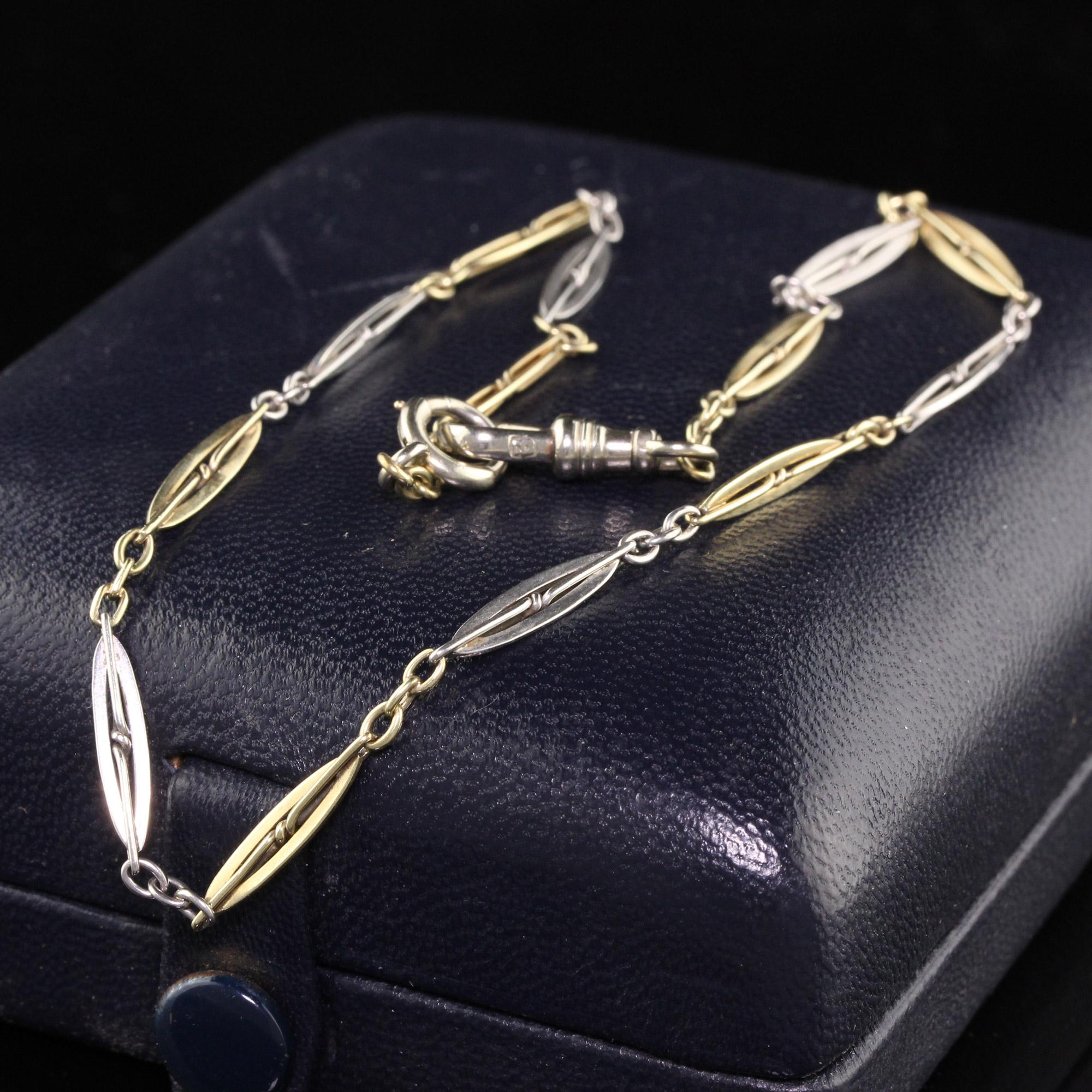 Beautiful Antique Art Deco 18K Yellow Gold and Platinum Link Necklace / Watch Fob. This gorgeous piece is crafted in 18k yellow gold and platinum. The end piece is crafted in 20k white gold. These beautiful links are in great condition and are very