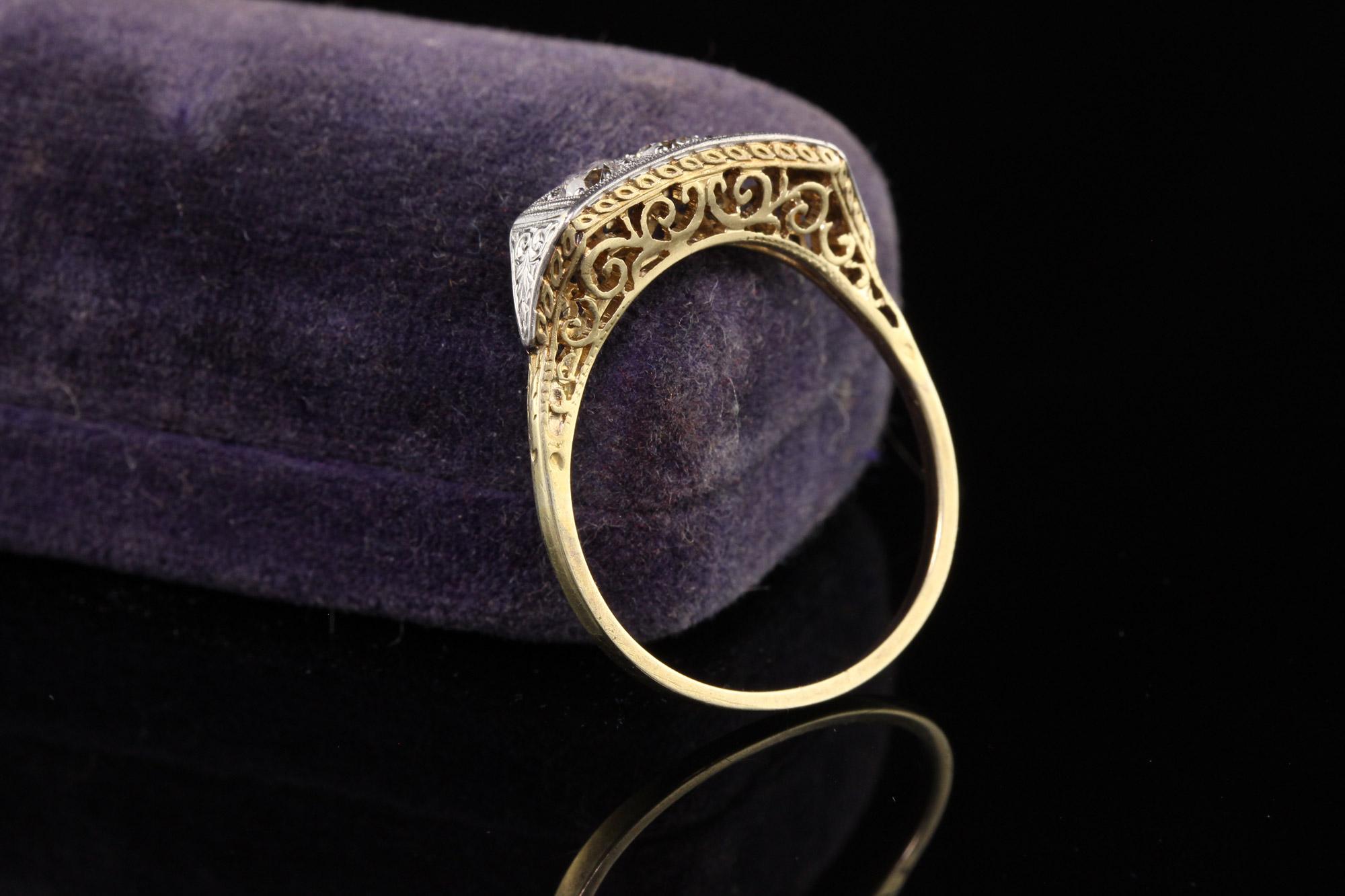 Old European Cut Antique Art Deco 18K Yellow Gold and Platinum Three Diamond Filigree Ring For Sale