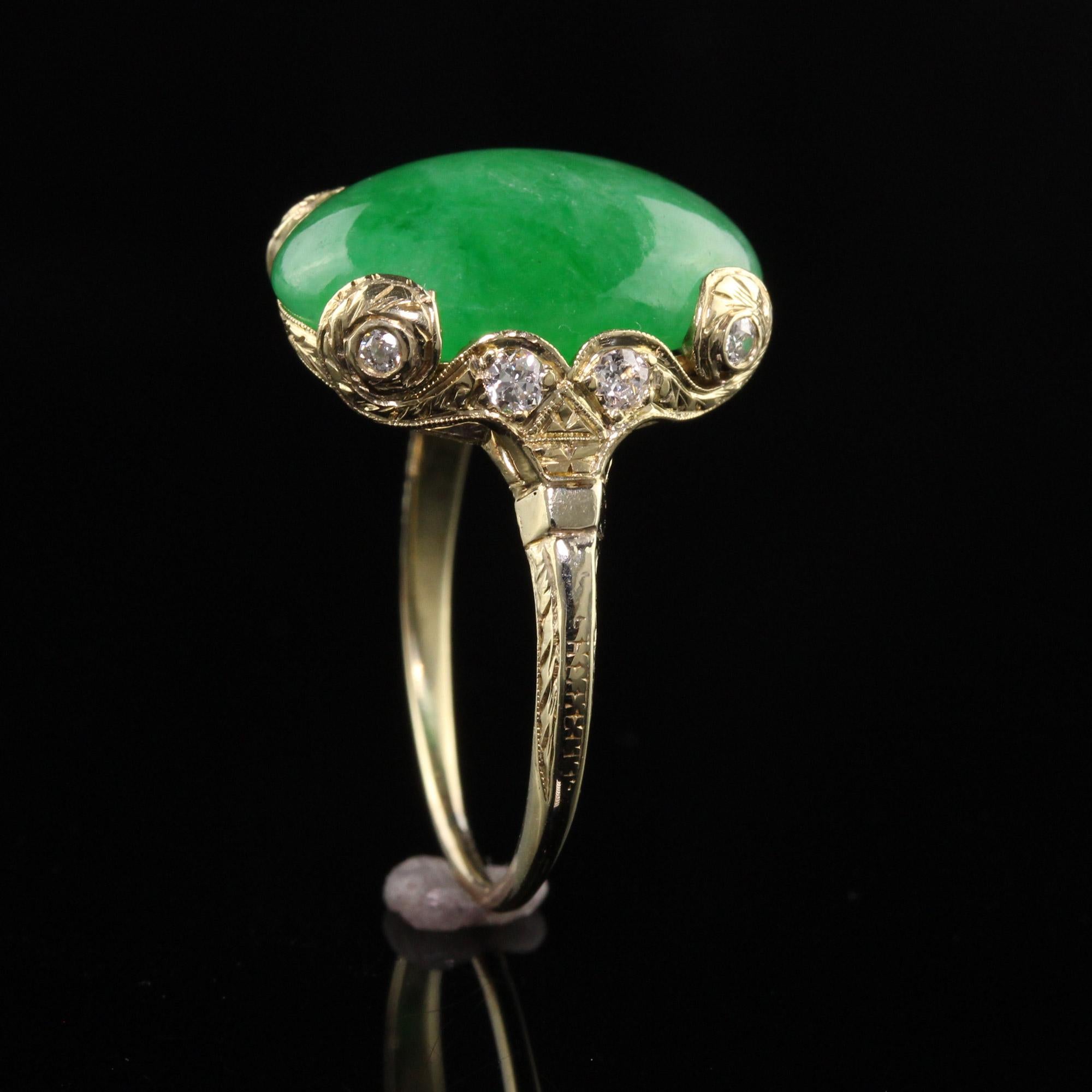 Old European Cut Antique Art Deco 18K Yellow Gold Cabochon Jade and Old European Diamond Ring For Sale