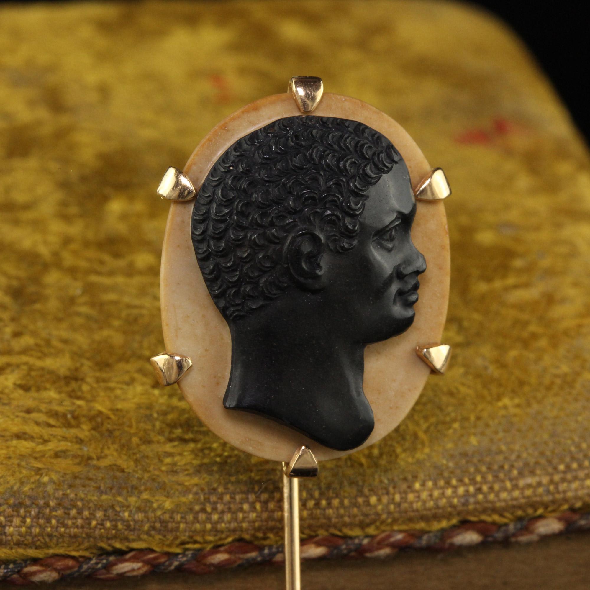 Beautiful Antique Art Deco 18K Yellow Gold Carved Onyx Stone Blackamoor Stick Pin. This incredible stick pin is crafted in 18k yellow gold. The stick pin features a profile of what appears to be a male and is in great condition. The head looks like