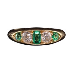 Antique Art Deco 18K Yellow Gold Diamond and Emerald Five Stone Band