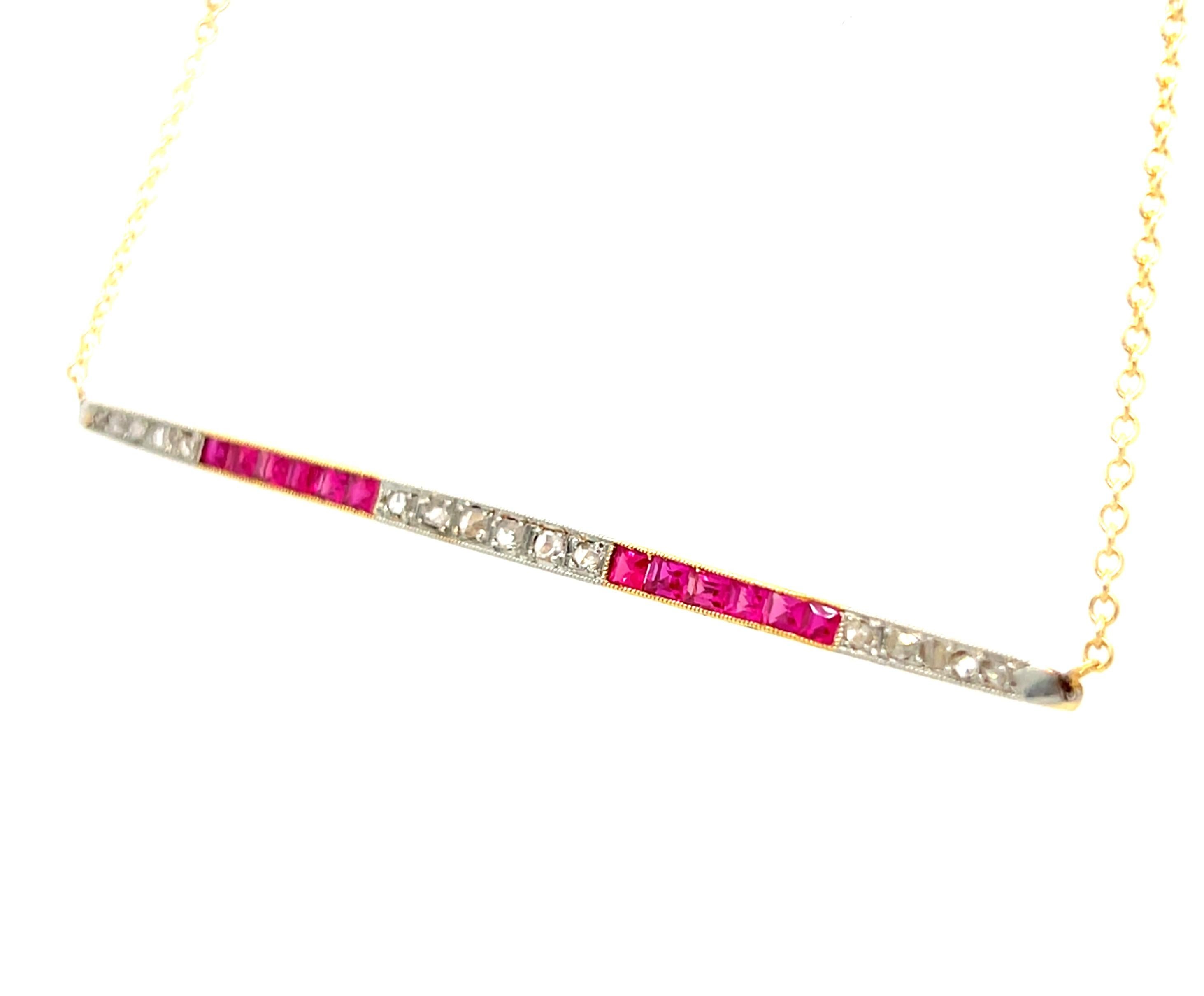 WOW!!! I LOVE this  Antique 18K Yellow Gold Diamond and Ruby Necklace! Perfect on it's own, or stacked with other pieces, it really brings some antique drama to any outfit. 

Crafted in 18K Yellow Gold, the necklace is a classic, very slightly,