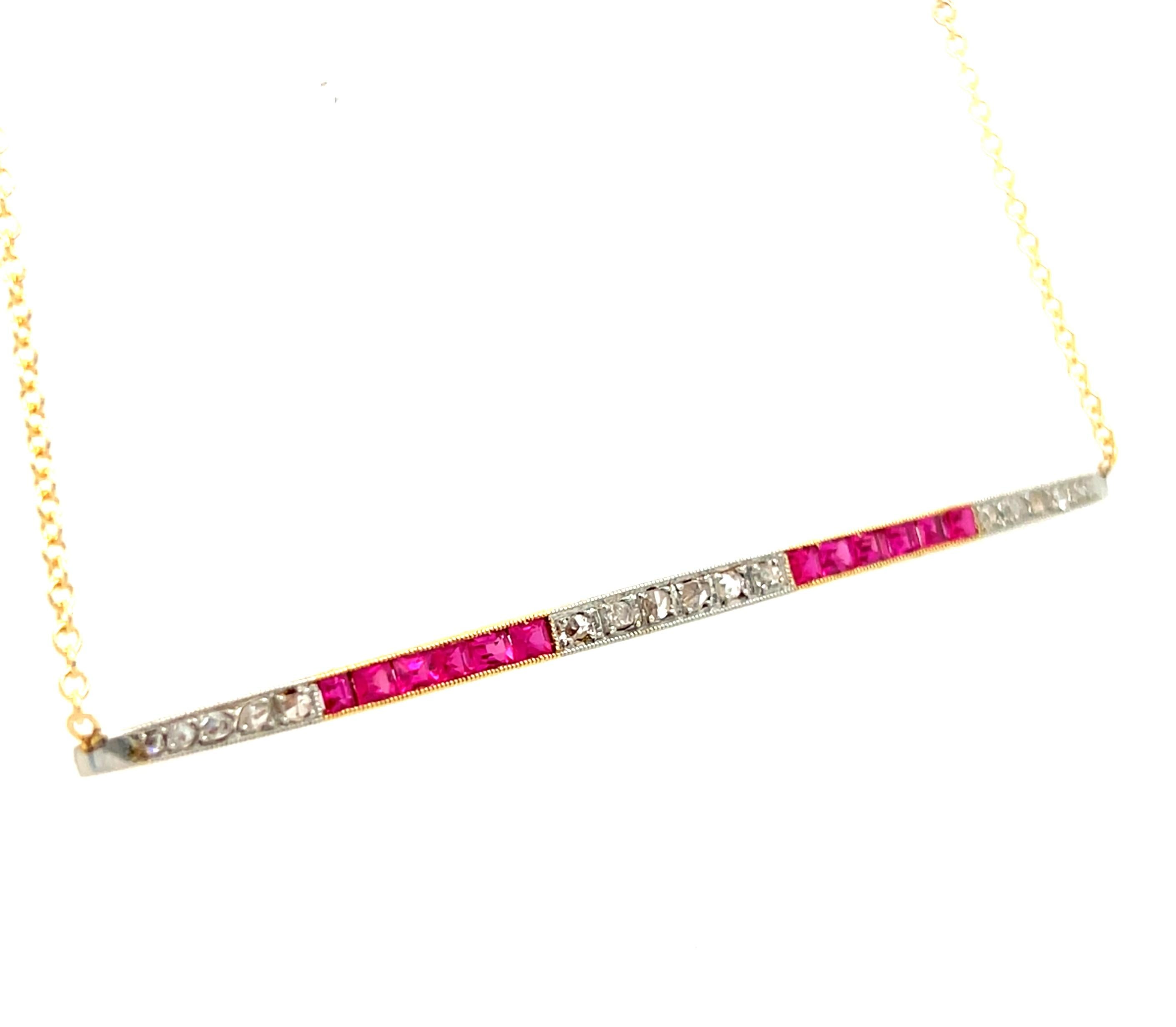 Rose Cut Antique Art Deco 18K Yellow Gold Diamond and Ruby Bar Necklace. For Sale