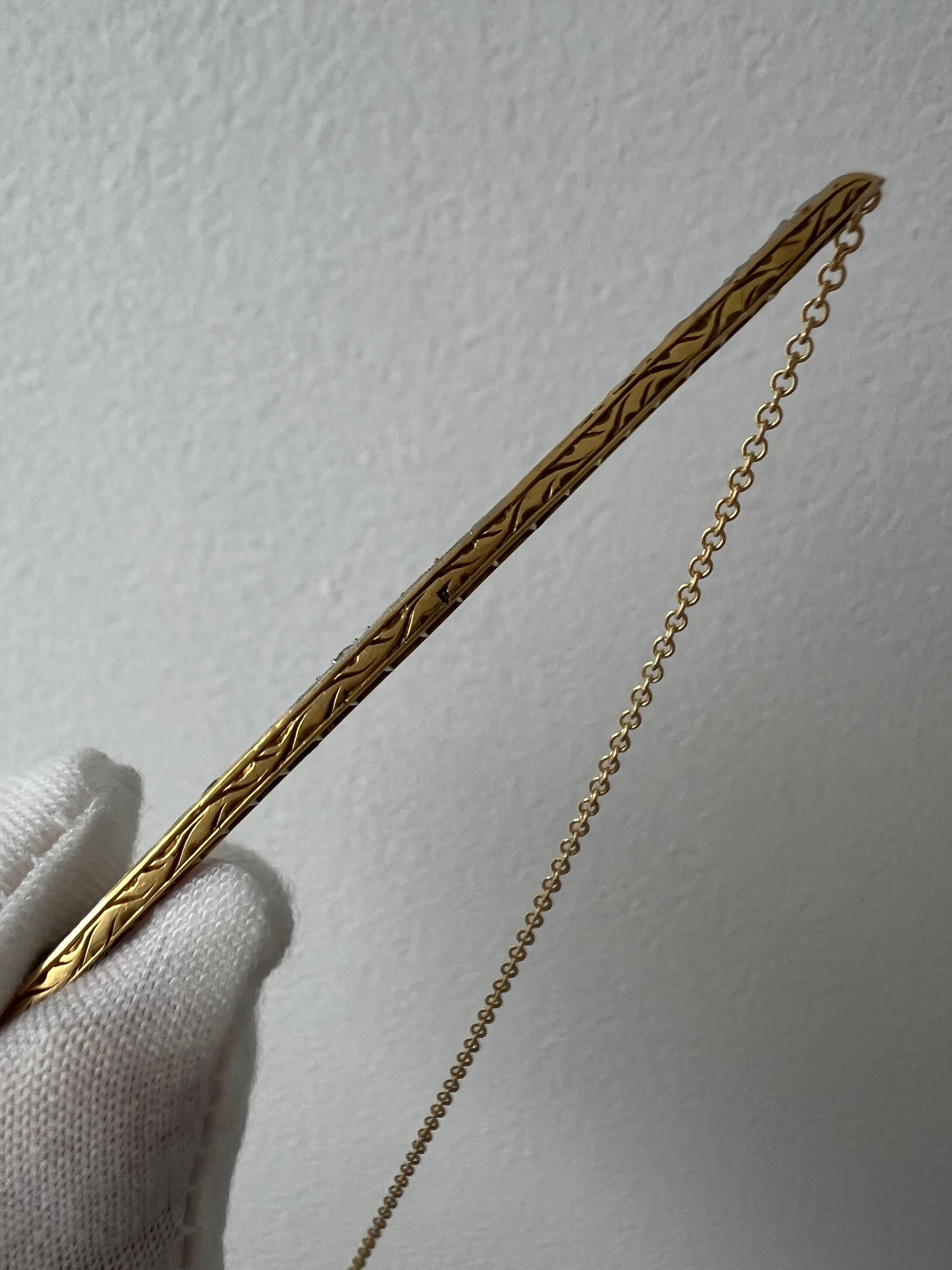 Women's or Men's Antique Art Deco 18K Yellow Gold Diamond and Ruby Bar Necklace. For Sale