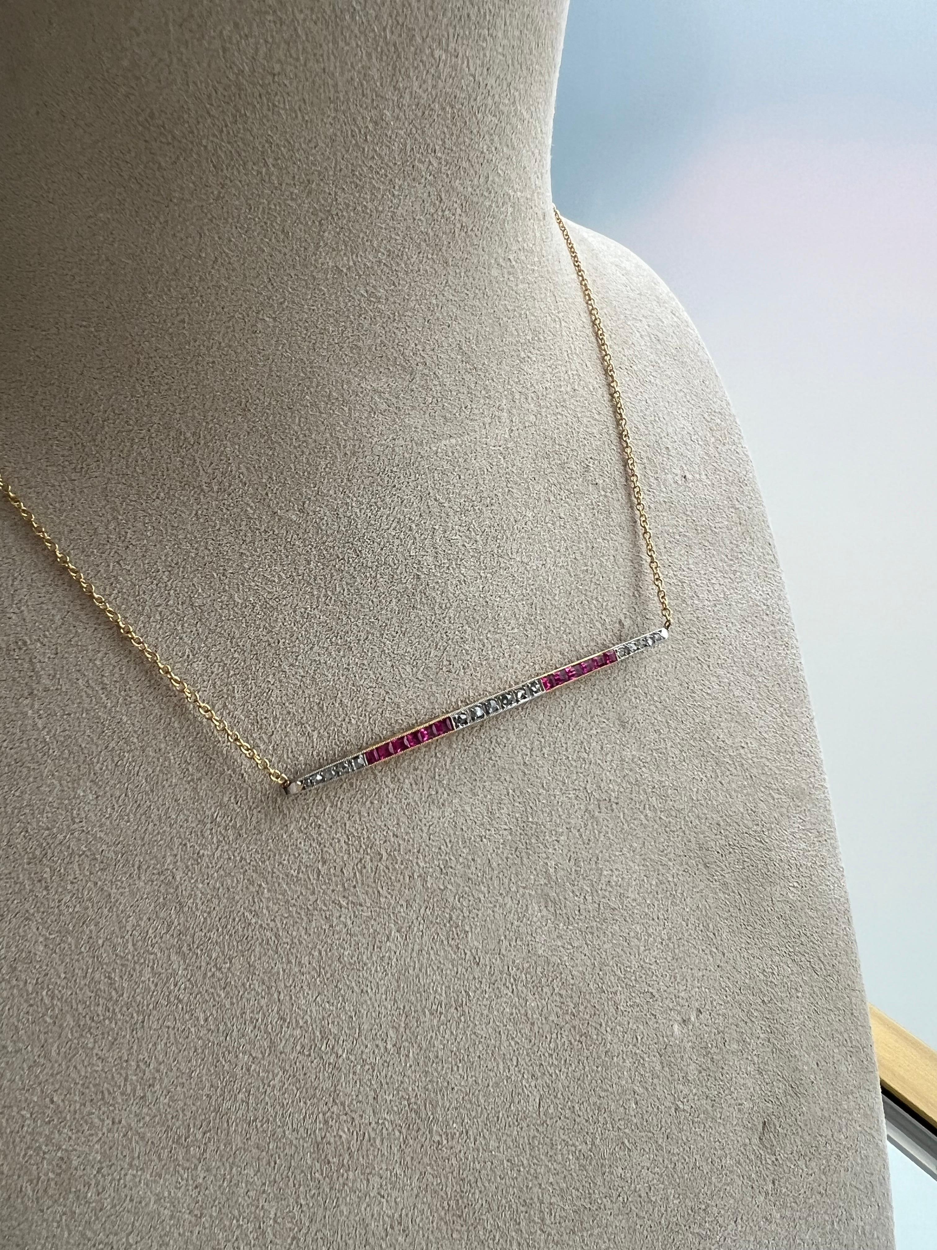 Antique Art Deco 18K Yellow Gold Diamond and Ruby Bar Necklace. For Sale 1