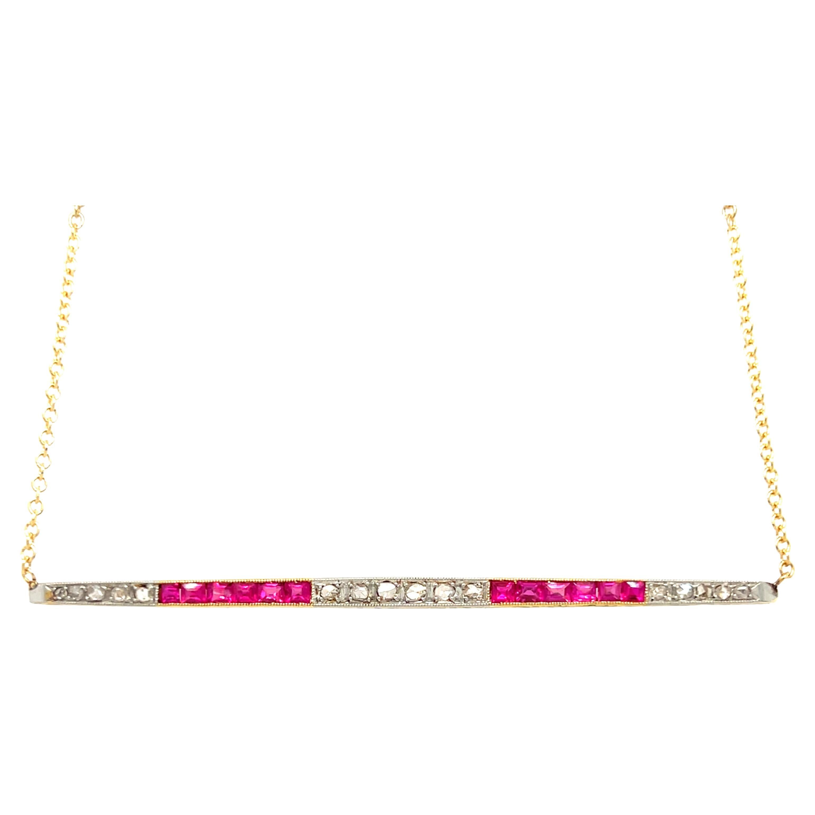 Antique Art Deco 18K Yellow Gold Diamond and Ruby Bar Necklace. For Sale