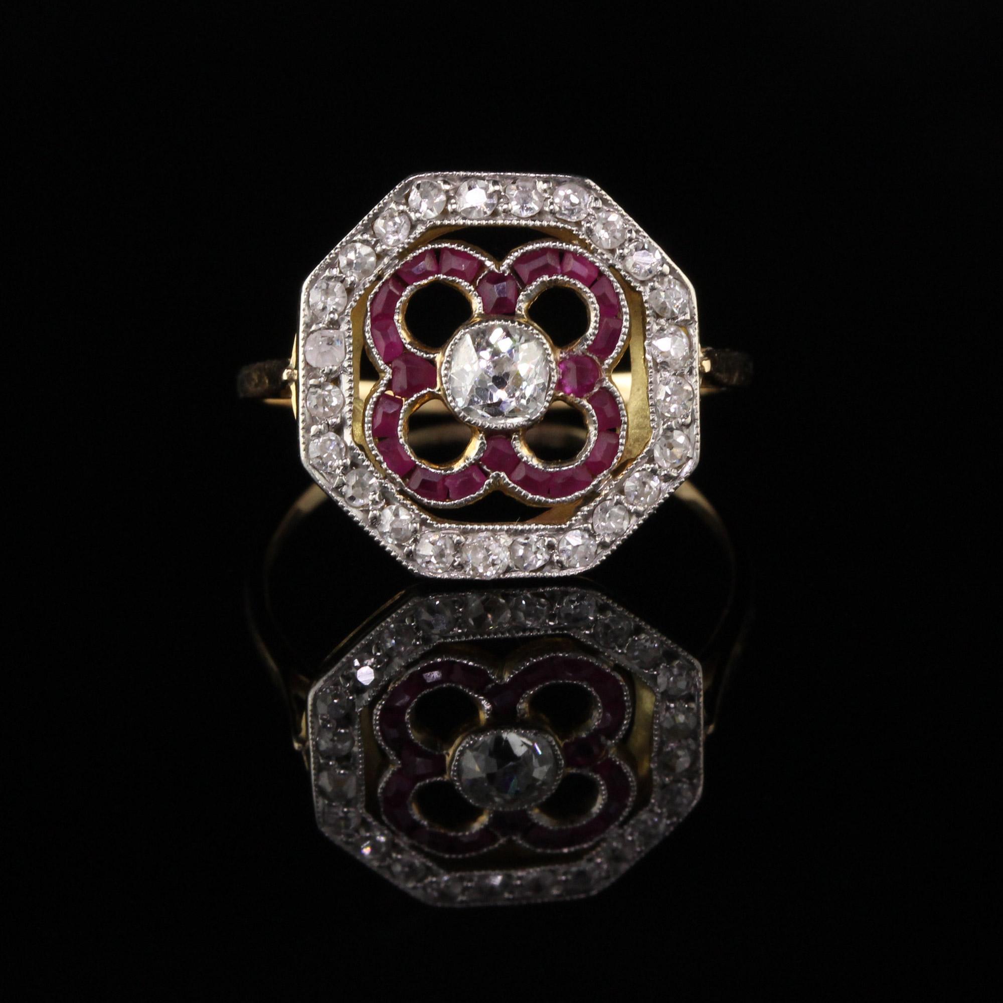 Old Mine Cut Antique Art Deco 18 Karat Yellow Gold Diamond and Ruby Engagement Ring