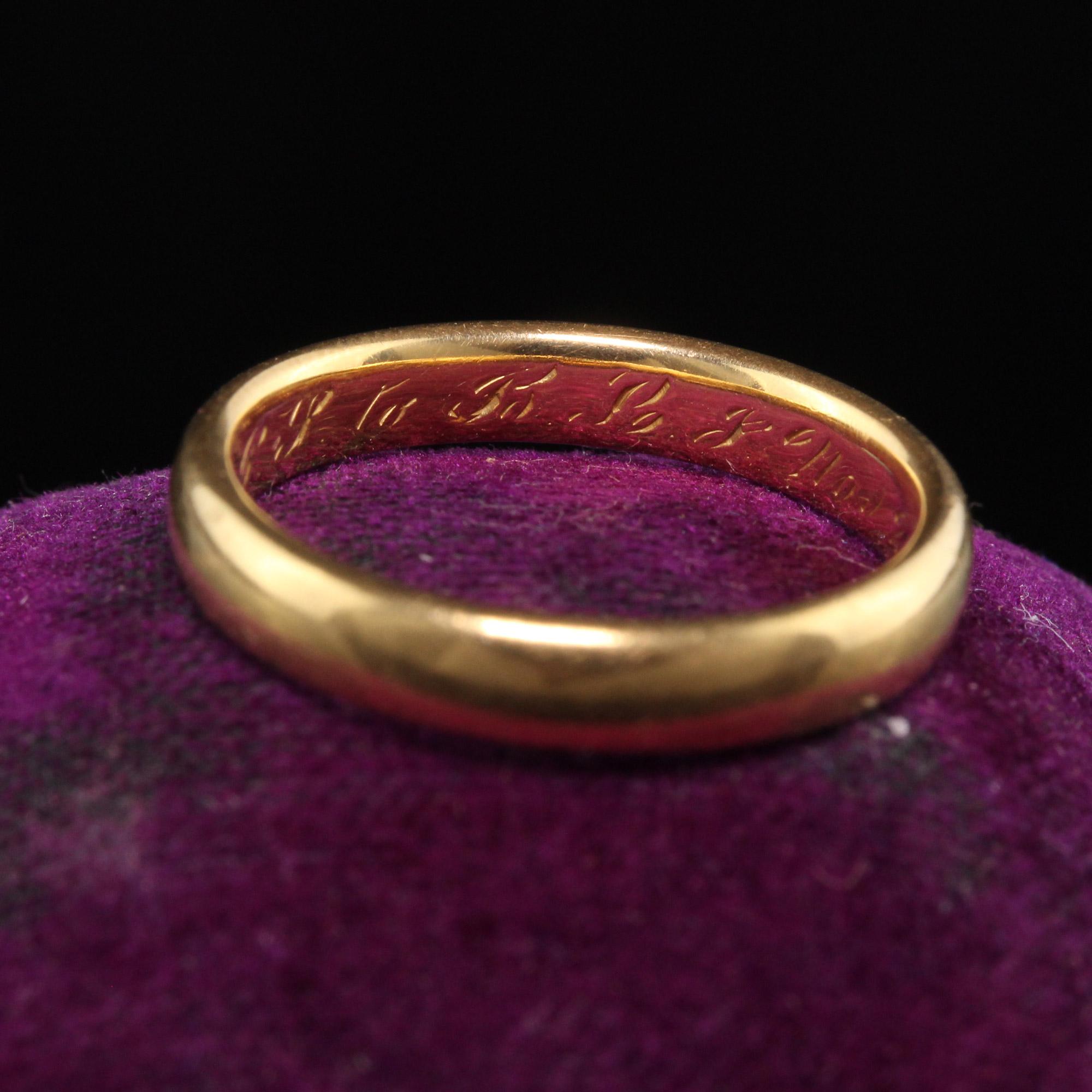 Beautiful Antique Art Deco 18K Yellow Gold Engraved Wedding Band - Size 6 1/2. This classic wedding band is engraved inside the ring P. J. to B. L. F. Nov 29, 1916