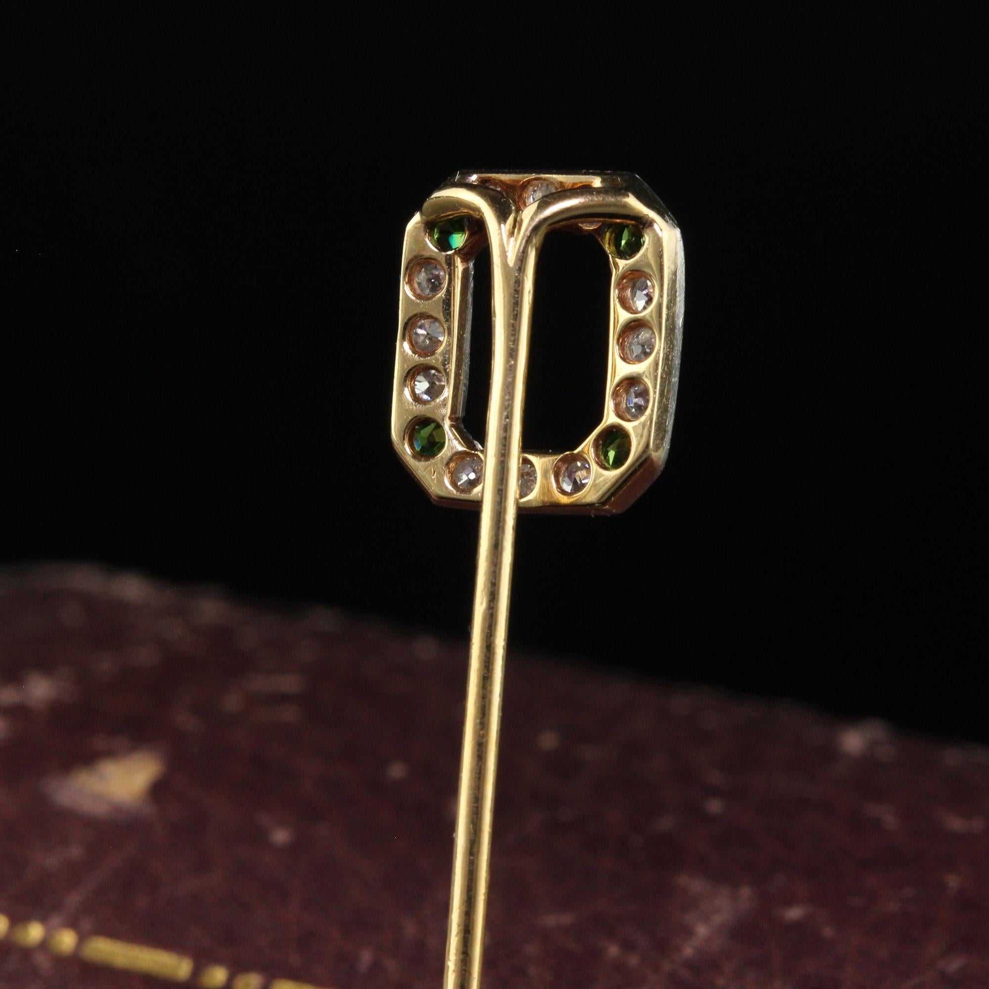 Old Mine Cut Antique Art Deco 18K Yellow Gold Old Cut Diamond and Demantoid Stick Pin For Sale