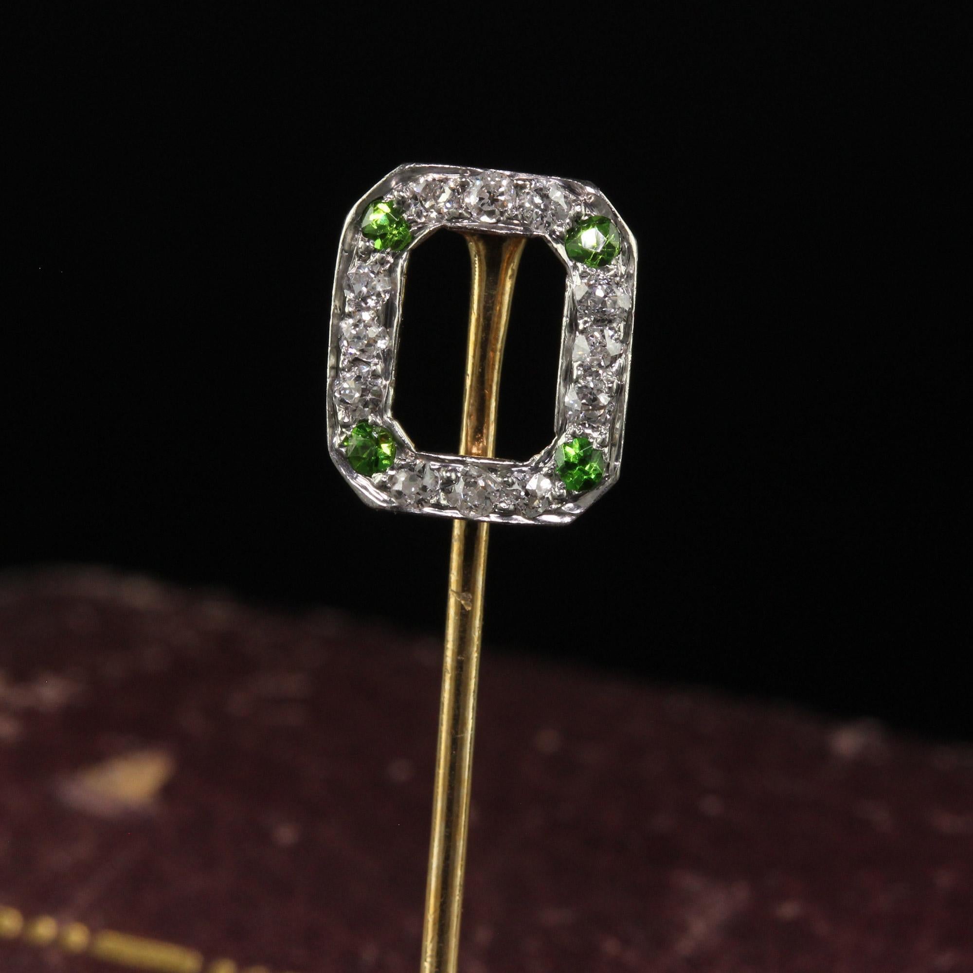 Antique Art Deco 18K Yellow Gold Old Cut Diamond and Demantoid Stick Pin In Good Condition For Sale In Great Neck, NY