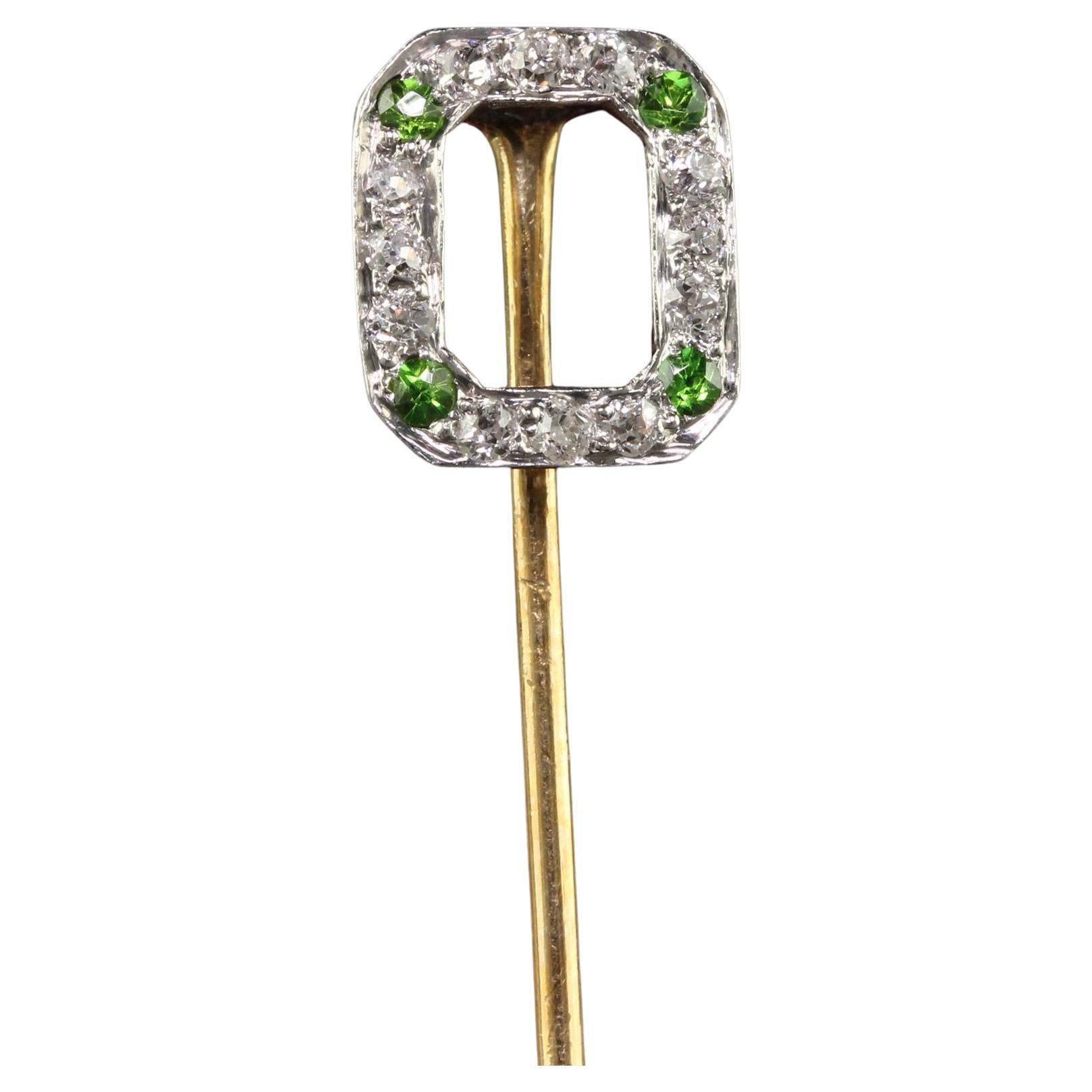 Antique Art Deco 18K Yellow Gold Old Cut Diamond and Demantoid Stick Pin For Sale