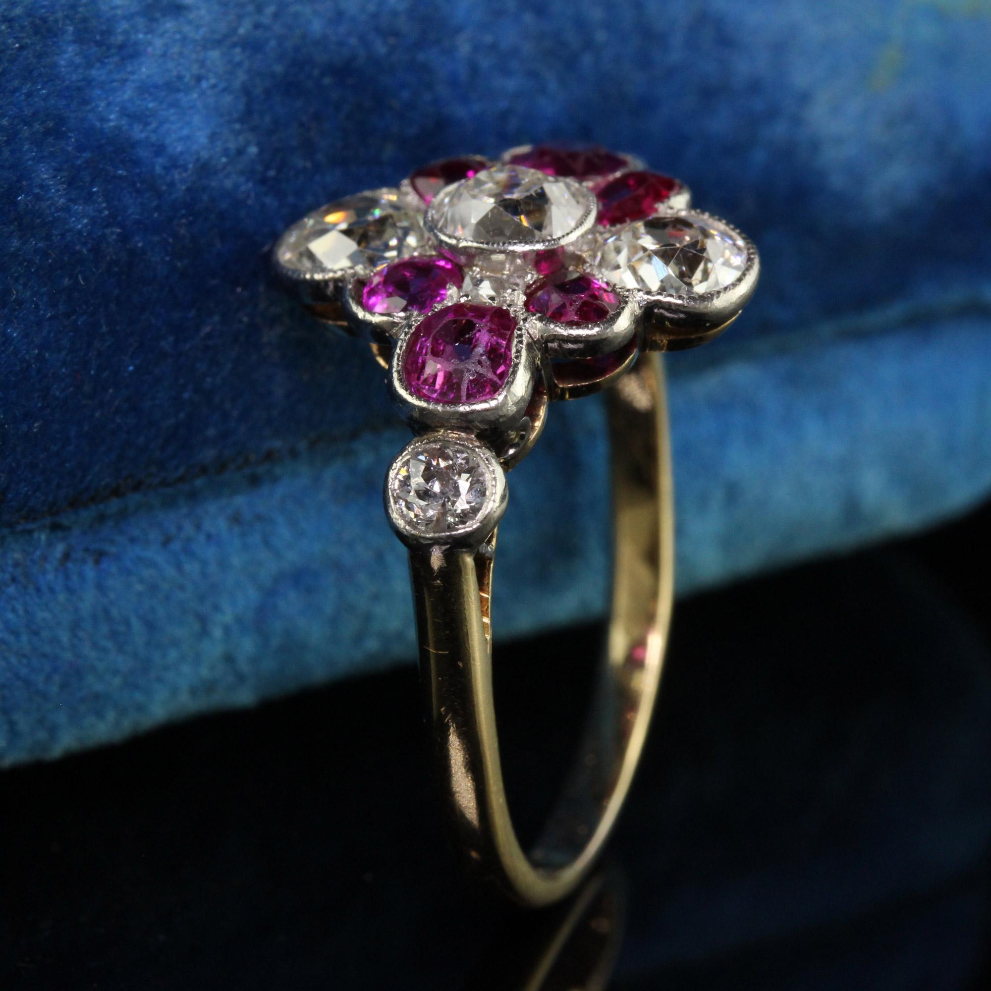 Old Mine Cut Antique Art Deco 18K Yellow Gold Old Mine Diamond and Ruby Floral Ring For Sale