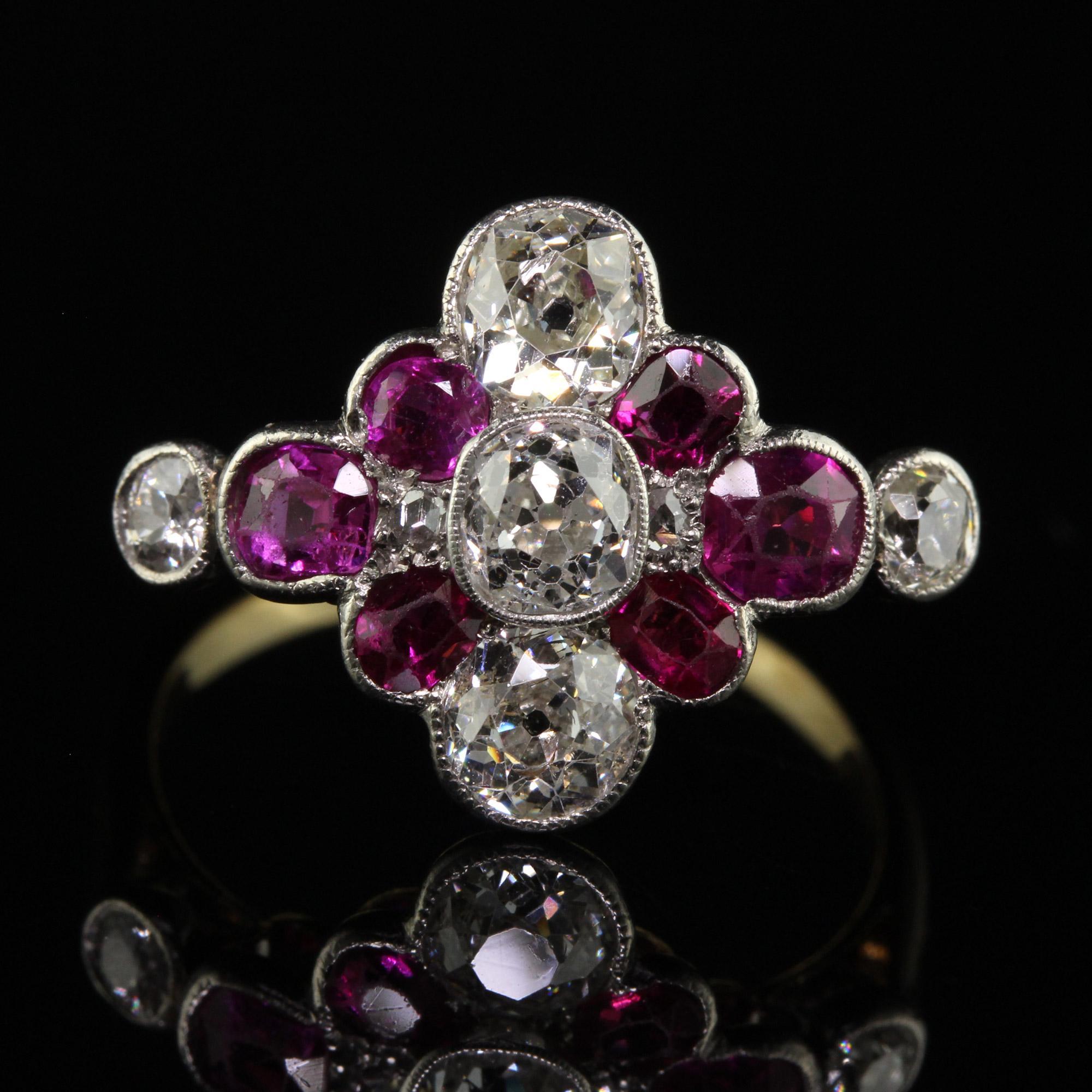 Antique Art Deco 18K Yellow Gold Old Mine Diamond and Ruby Floral Ring In Good Condition For Sale In Great Neck, NY