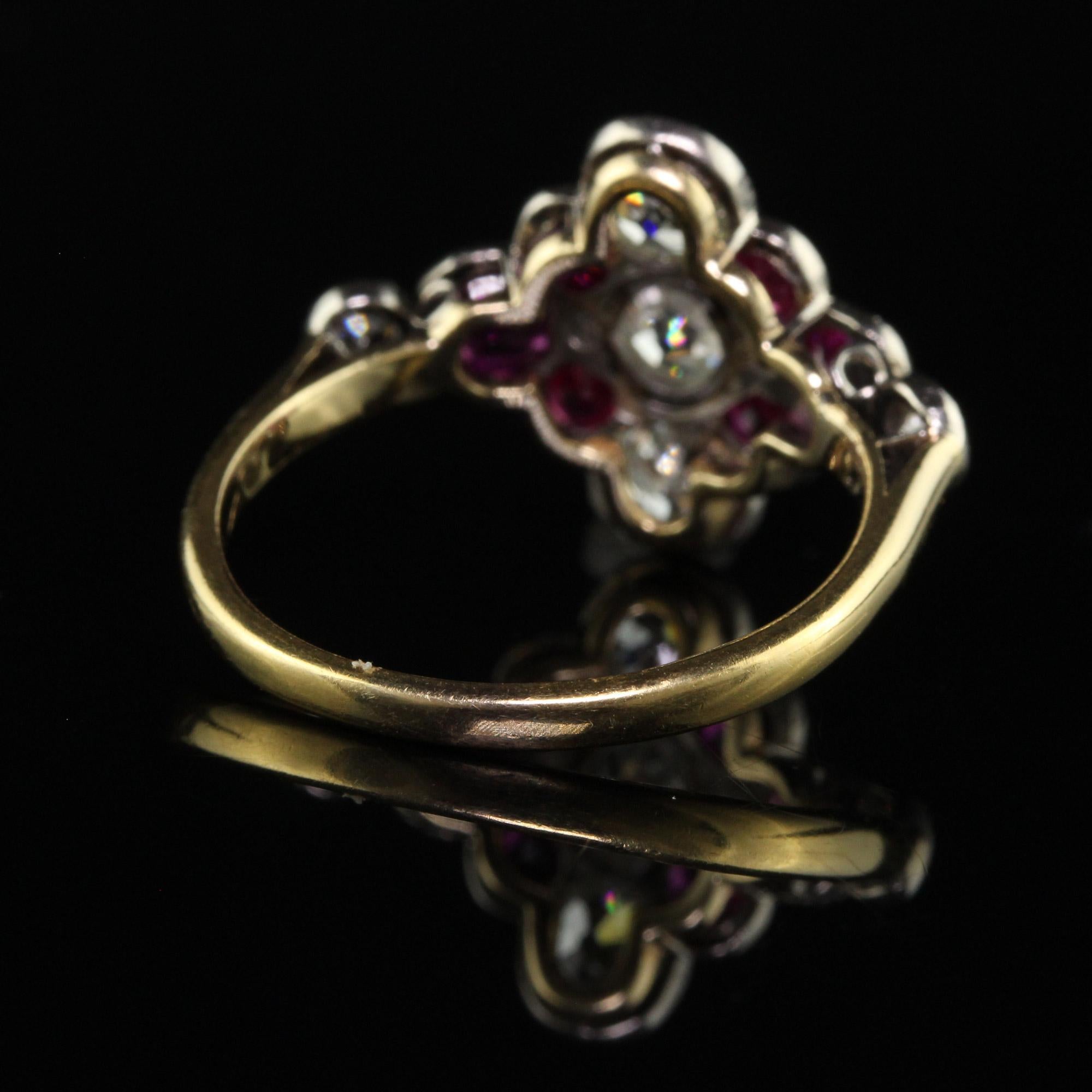 Women's Antique Art Deco 18K Yellow Gold Old Mine Diamond and Ruby Floral Ring For Sale